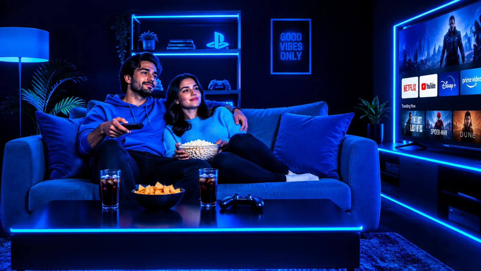 A couple relaxing on a sofa streaming a film
