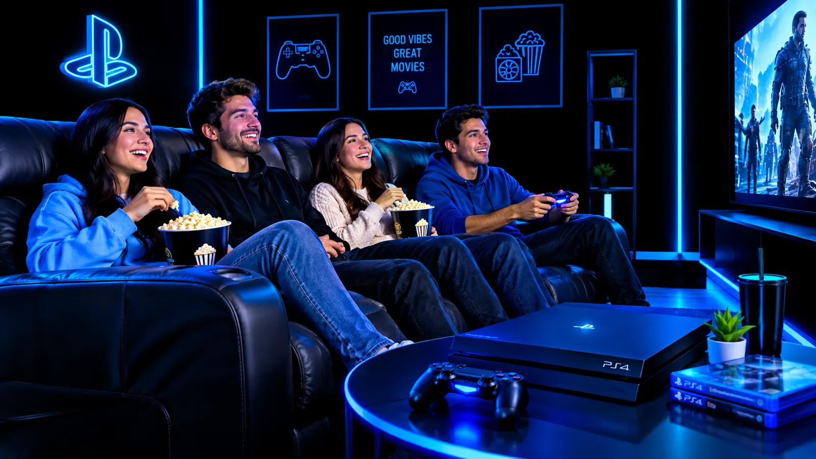 Friends with popcorn gaming on the PS4