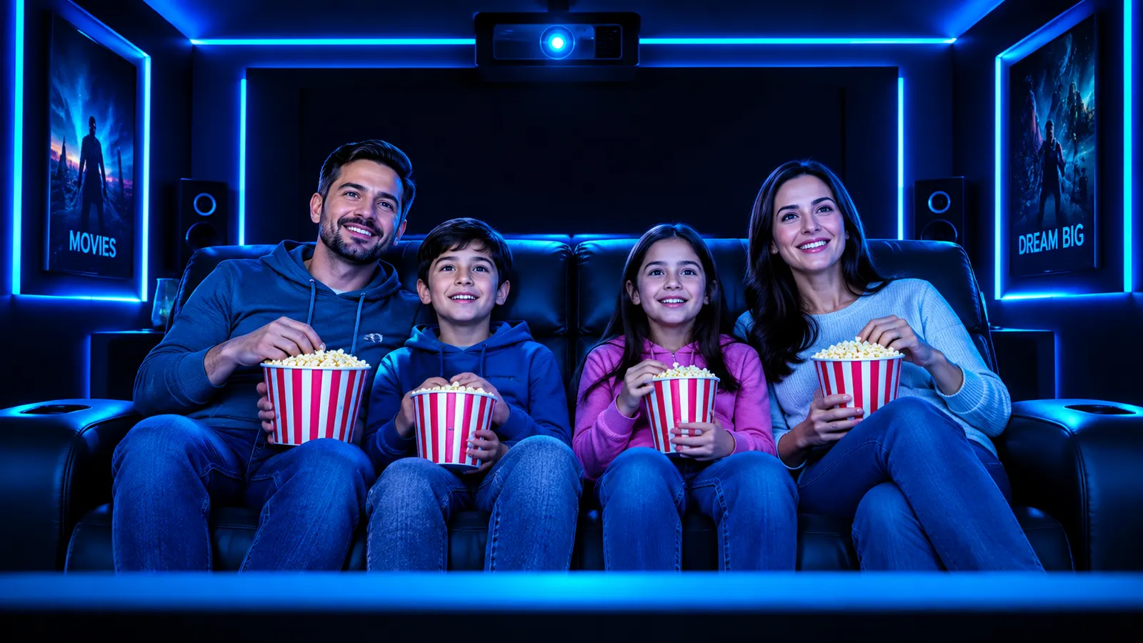 A family watching a film on the big screen in the Aura suite
