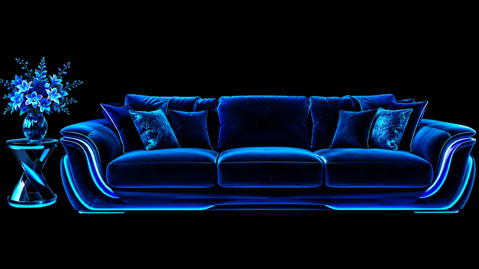 A deep velvet sofa lit with blue neon
